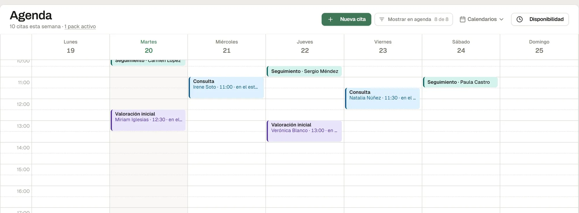 Agenda semanal con seguimientos, consultas y valoraciones
