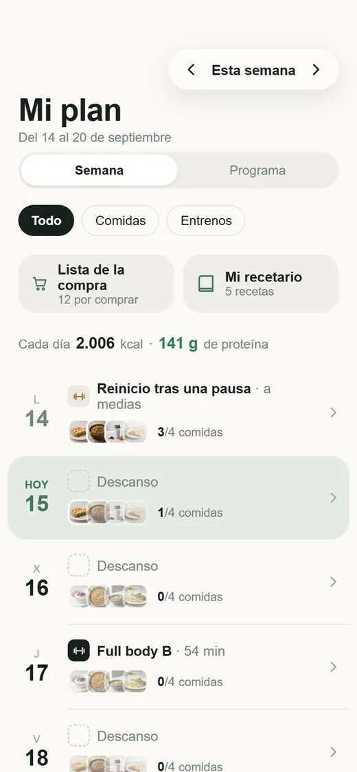 App del cliente: su plan de la semana