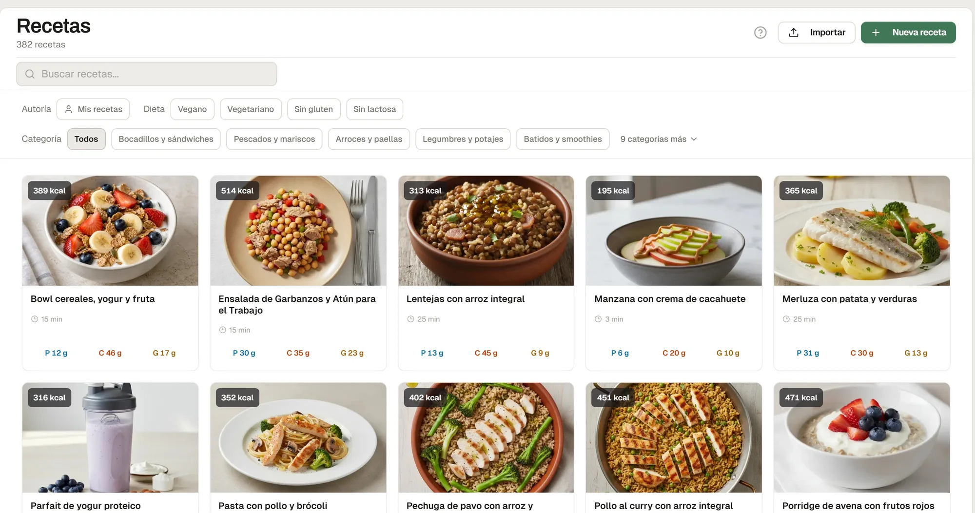 382 recetas con foto, tiempo y macros